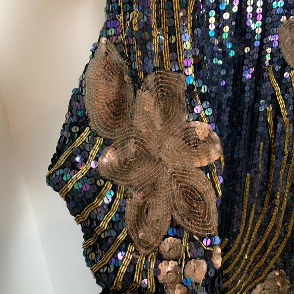 Chloe Silk Black Sequin Flower 3/4 Sleeve Dress Size L - Picture 4 of 11